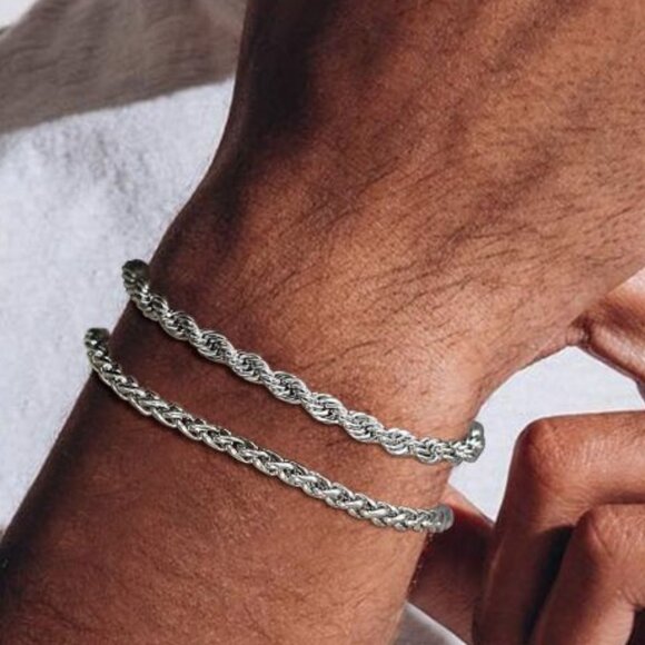 3/$35 Two Silver Rope & Foxtail Chain Bracelet Set Stainless Steel For Men Gifts - Picture 4 of 5
